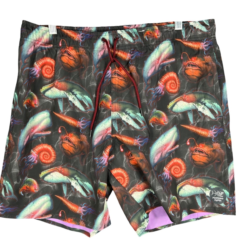 Psycho Tuna Swim Trunks Men XL Black Deep Sea Monster‎ Print Board Shorts